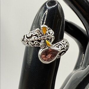 Elegant Silver and Brown Gemstone Ring Size 7